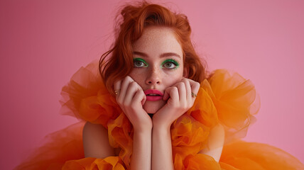 A beautiful redheaded girl wearing an orange tulle dress and green makeup posing. Makeup concept, covers, haute couture, cosmetics.