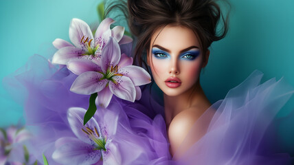 Artistic portrait of a woman with blue makeup and pink lilies on a turquoise background