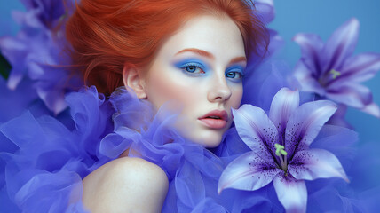 Editorial trend: vibrant makeup and purple lilies, woman with closed eyes on lilies and purple tulle