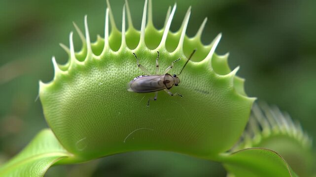 Close Up of a Vibrant Green Venus Flytrap with an Insect Resting Inside its Jaws Featuring Detailed Structure and Predatory Mechanism in Green Background a Captivating Botanical Shot