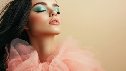Artistic portrait of an attractive woman with soft makeup and closed eyes on a white background with copy space