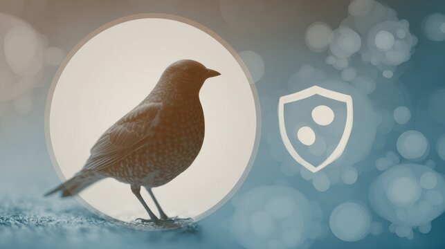 Bird silhouette enclosed in a softfocus ring paired with a gentle fever emoticon and clear shield graphic illustrating controlled avian flu infection with mild symptoms and immune