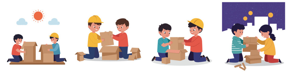 kids building cardboard models. A set of vector illustrations on a white background 
