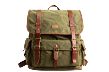 Canvas Hiking Backpack with Leather Straps and Pockets, isolated on transparent background