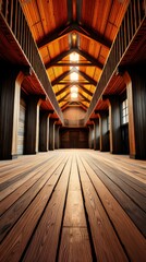 Golden Lit Wooden Hall Architecture Perspective
