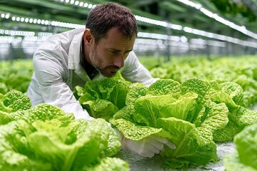 Agricultural scientist inspecting lettuce growth in hydroponic greenhouse