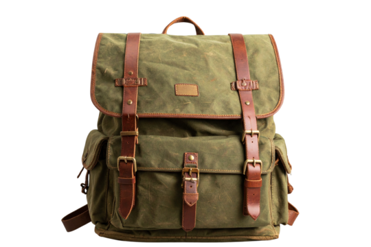 Canvas Hiking Backpack with Leather Straps and Pockets, isolated on transparent background - Powered by Adobe
