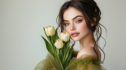 Close-up of a beautiful girl with natural and subtle makeup holding a bouquet of tulips on a soft background with copy space