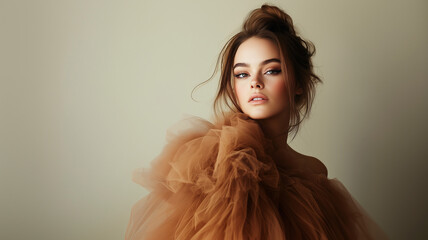 Fashion and beauty image: beautiful woman with tulle ruffles, glowing skin, and professional portrait, makeup concept, fashion campaigns
