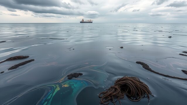 Cargo ship at sea with floating seaweed under moody sky
