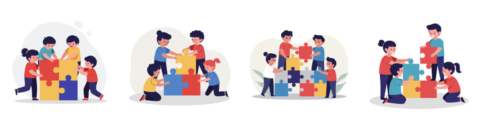kids building a puzzle together. A set of vector illustrations on a white background 
