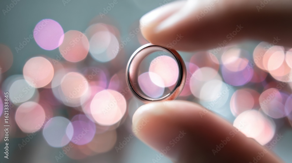 Poster artistic medium shot presenting a smart ring tracking ovulation temperature finger in sharp focus su