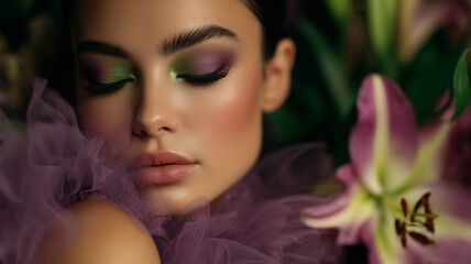 Portrait of a brunette model with closed eyes over flowers and tulle fabric in purple concept.