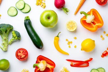 Naklejka premium Flat lay composition with fresh ripe vegetables and fruits on white background.