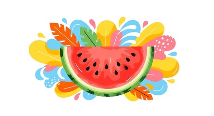 Creative summer concept featuring a juicy watermelon fruit slice with colorful abstract shapes and leaves on a white background