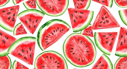 Vibrant watercolor seamless pattern of juicy red watermelon slices. A fresh and fruity summer background illustration for healthy food concepts