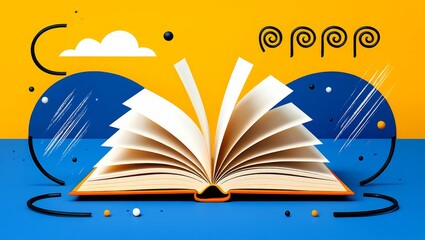 An art collage featuring an open book on a blue background with space for text.