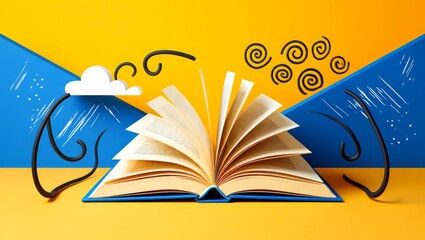 An art collage featuring an open book on a blue background with space for text.