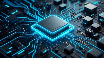 Abstract blue glowing circuit board background with copy space at center for your text, logo or products.