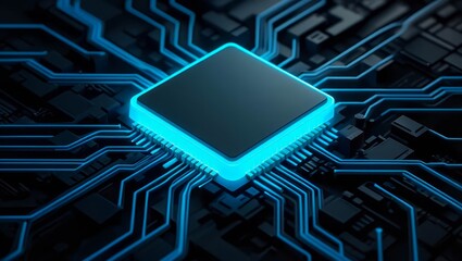 Abstract blue glowing circuit board background with copy space at center for your text, logo or products.