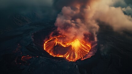 An erupting volcano with a lava fountain and a thick column of smoke, filmed from above, symbolizes a natural disaster and extreme natural phenomena. View of the awakened volcano from above.
