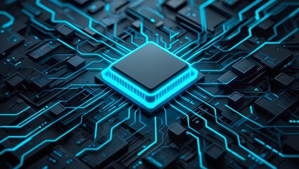Abstract blue glowing circuit board background with copy space at center for your text, logo or products.