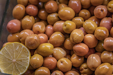 Pink colored green olives on display at the Egyptian Bazaar, Istanbul, Turkey