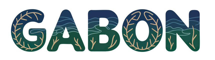 Gabon Lettering Illustration with Nature Elements, Greenery, Branches, and Abstract Landscape Design Isolated on White Background