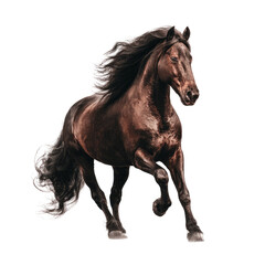 Obraz premium A powerful dark brown horse in a dynamic gallop against a black background