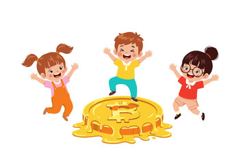Three Joyful Children Leaping on a Melted Bitcoin Coin.