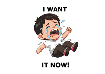 Cartoon Boy Crying Throwing Tantrum Demanding Tears Frustration Upset Anguish.