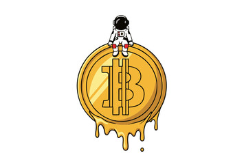 Astronaut on a Melting Bitcoin Cryptocurrency Coin.