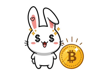 Cartoon White Rabbit with Dollar Sign Eyes and Bitcoin.