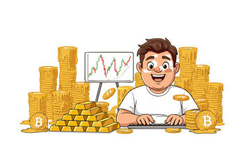 Happy Man with Bitcoin Gold and Trading Chart Illustration.
