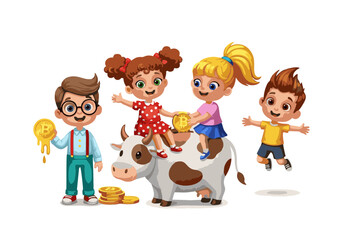 Cartoon Children with Bitcoin and Cow: Playful Crypto Education Concept.