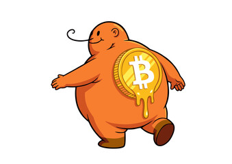 Cartoon Orange Fat Man Walking Away with Melting Bitcoin on Back.