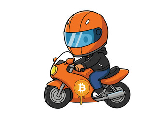 Cartoon Orange Motorcycle Rider with Bitcoin Symbol and Helmet.