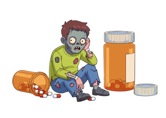 Cartoon Zombie with Torn Clothes Pills and a Pensive Expression.