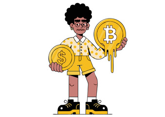 Cartoon Character Holding Melting Bitcoin and Dollar Coin.