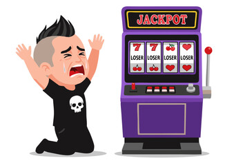 Heartbroken Boy with Mohawk Crying after Losing at a Slot Machine.