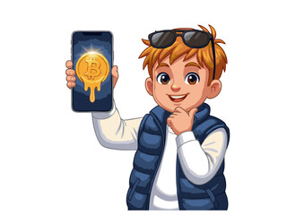 Cartoon Boy Displaying Bitcoin on Smartphone Smiling and Confident.