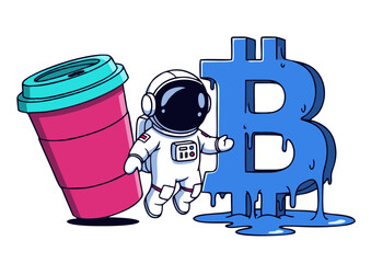Cartoon Astronaut Floating Near Bitcoin Symbol and Coffee Cup.