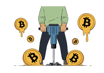 Cartoon man using jackhammer to mine melting Bitcoin coins.