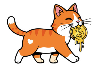 Cartoon Cat Holding a Melting Bitcoin Coin.