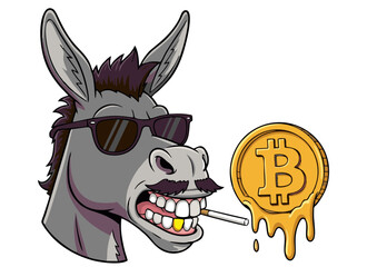 A cool cartoon donkey mascot with sunglasses and a mustache holding a melting gold cryptocurrency coin. A funny concept for a crypto investor.