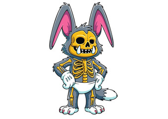Cartoon Bunny Skeleton Character with Grey Fur Pink Ears and White Gloves.