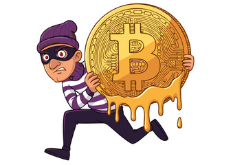 Cartoon Thief Running Away with Bitcoin Cryptocurrency Coin Dripping Gold.