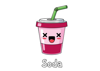 Adorable kawaii soda cup character with a happy smiling face and straw. Cartoon vector illustration of a sweet pink soft drink for kids.