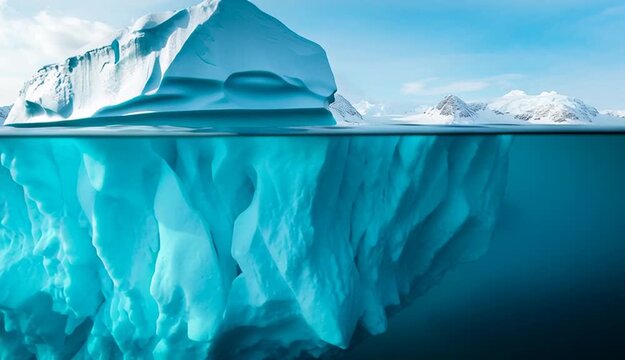 Underwater view of Arctic iceberg in ocean with snowy mountains backdrop. Vast ice formation with hidden mass signifies potential danger or opportunity, representing climate change impact
