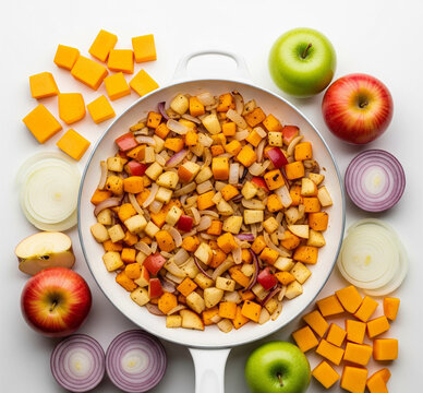 AIP Butternut Squash and Apple Hash &ndash; Warm Anti-Inflammatory Breakfast Skillet on a White Background 